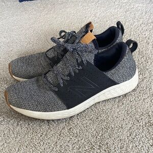 New Balance Gray and Black Knit Slip-On Sneakers with Tan Accent